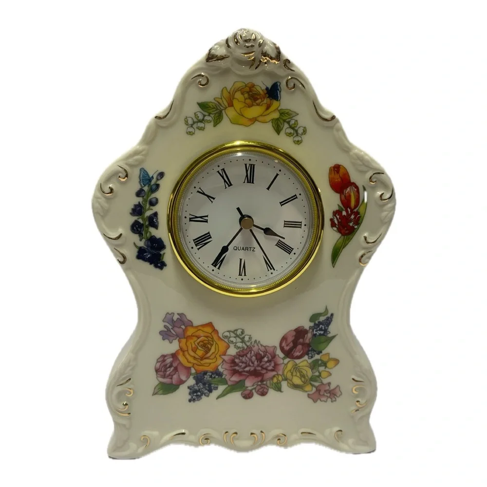 Avon Floral Porcelain Mantel Clock • Vintage Romantic Flowers • Gift Collection
